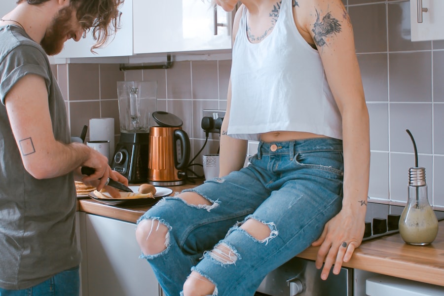 A couple reviewing finances together in their kitchen