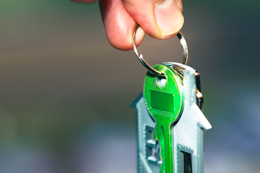 A house with a for rent consideration, keys in a door