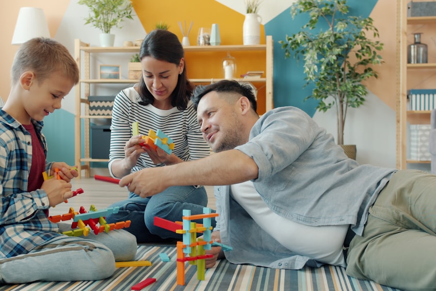 A parent playing with a young child at home