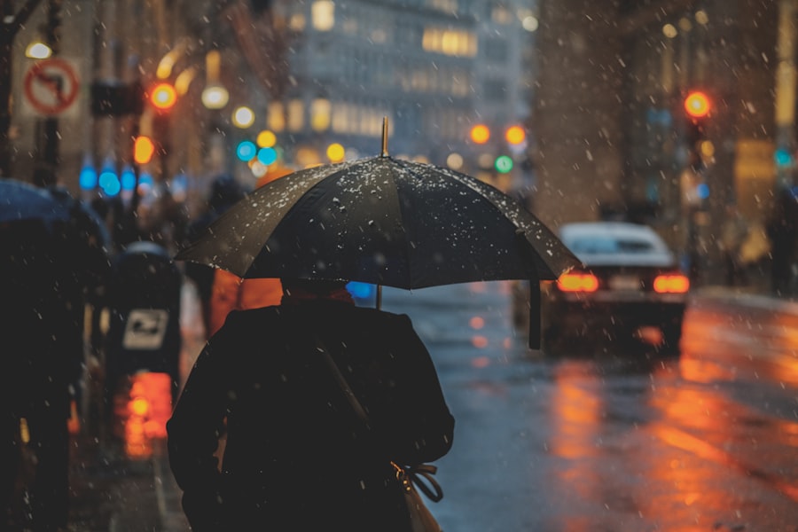 An open umbrella in the rain